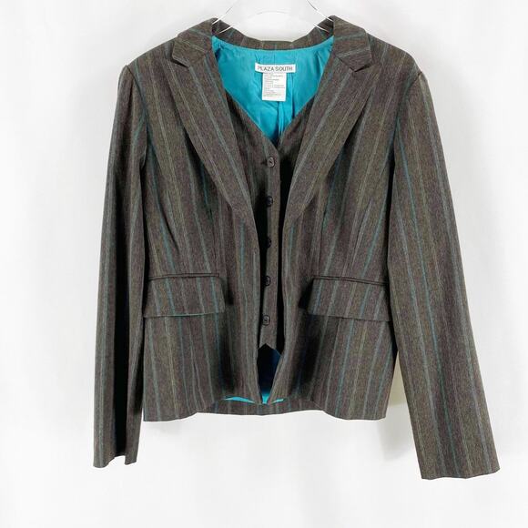 PLAZA SOUTH Vintage 90s Pinstripe Brown Blue Blazer Suit Jacket - Picture 8 of 8
